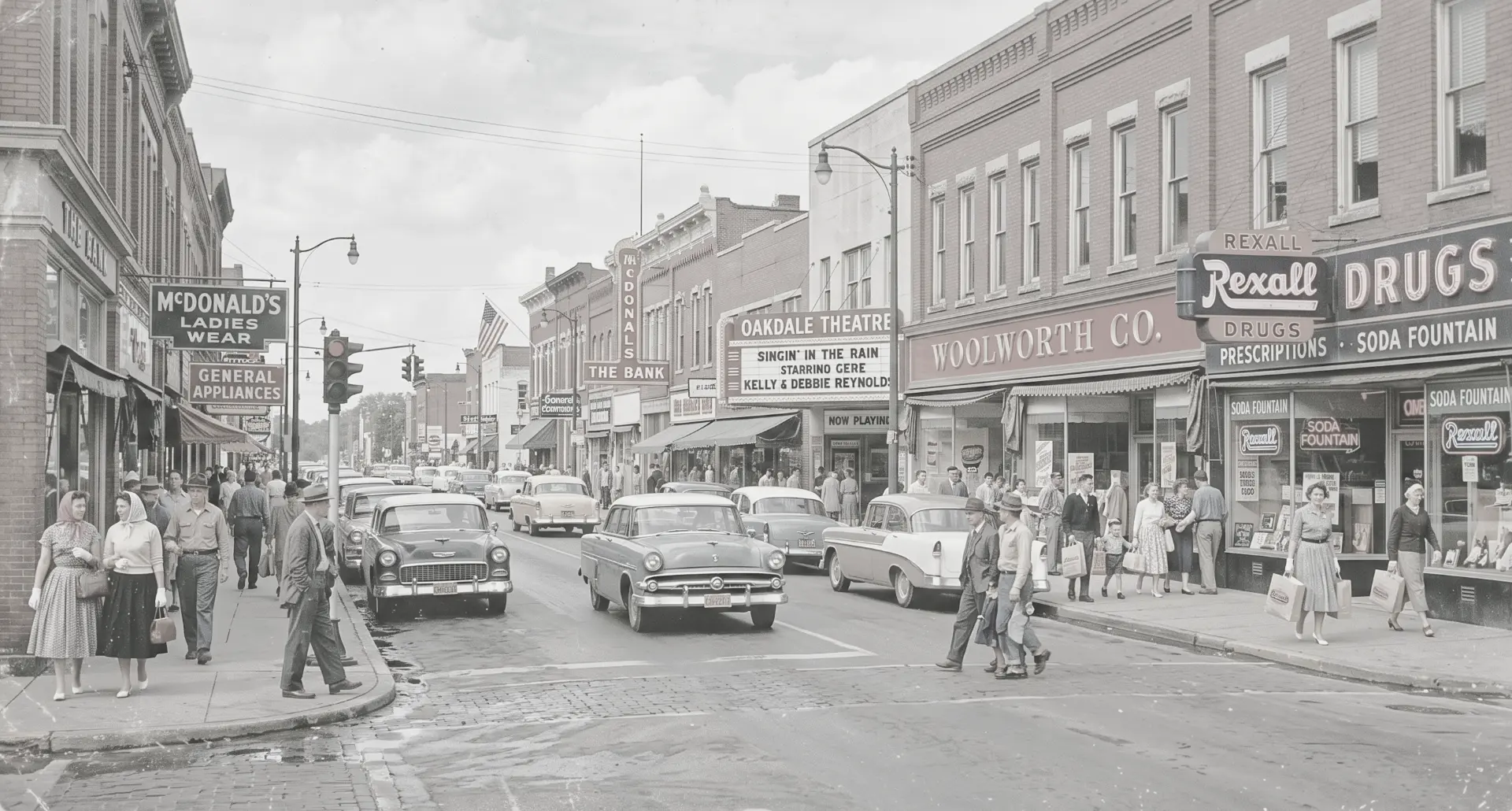 A bustling vintage Main Street lined with local shops, theaters, and neighbors